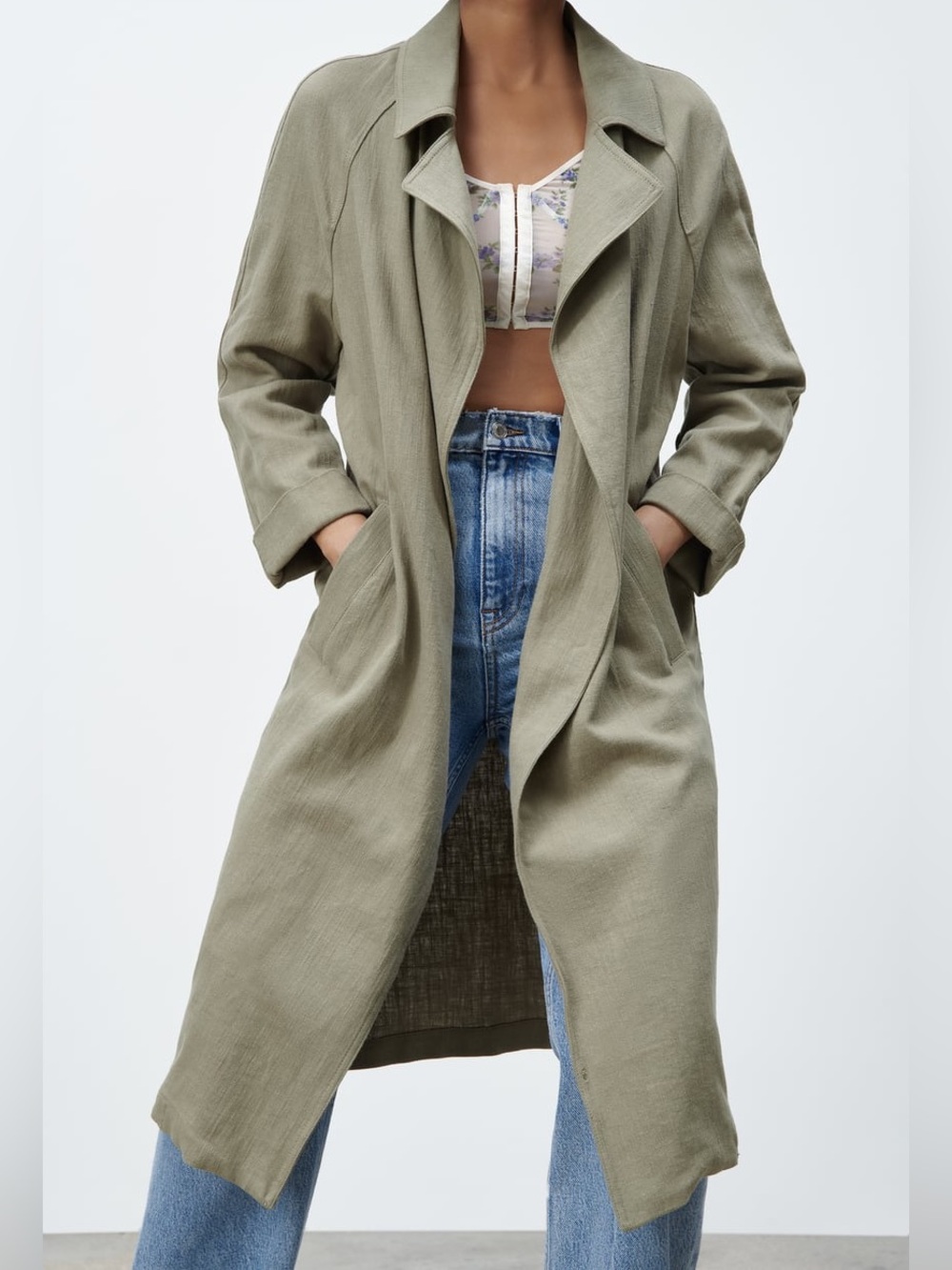 ZARA Linen Blend Longline Trench Coat Jacket – Taupe/khaki green – Size S